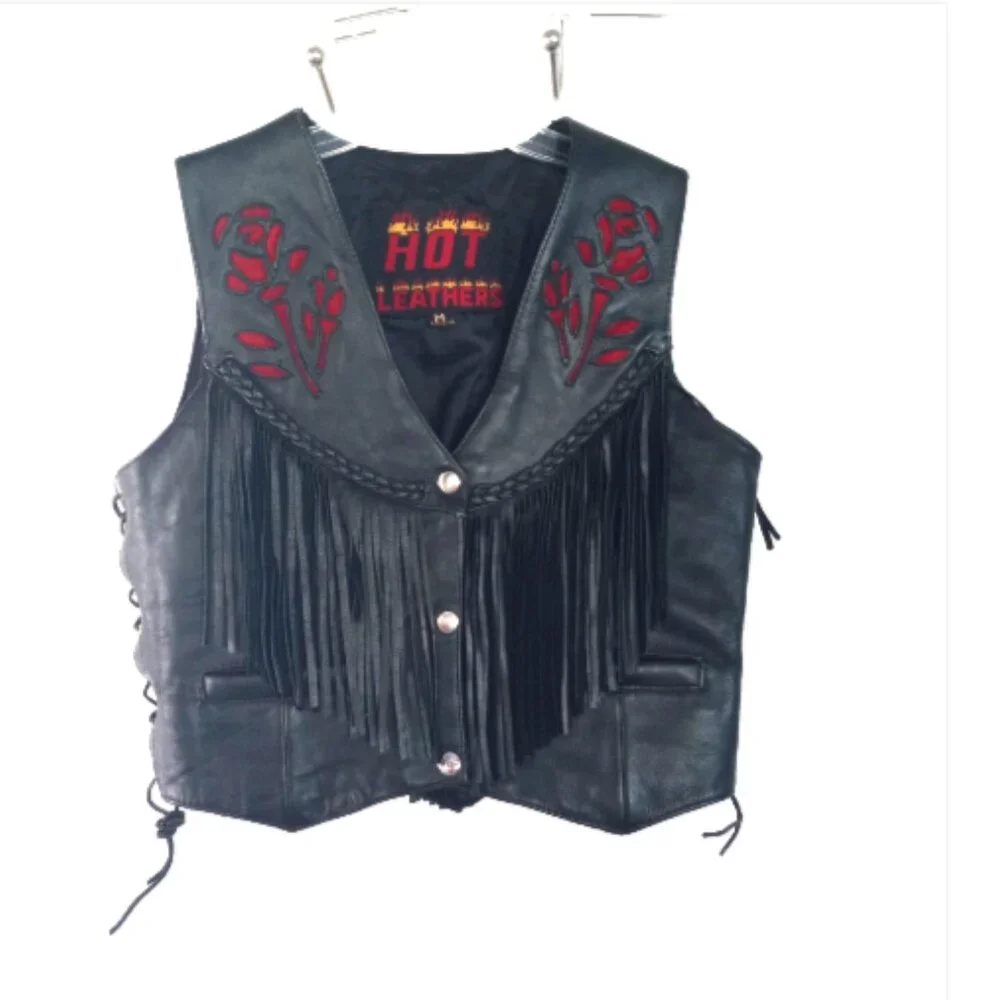 Hot Leathers Womens Fringe Leather Vest M Black Red Rose Lace UP Sides Snaps EUC - Picture 3 of 16